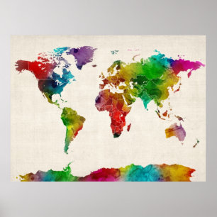 Pôster Mapa de Aquarelas do Mapa Mundial