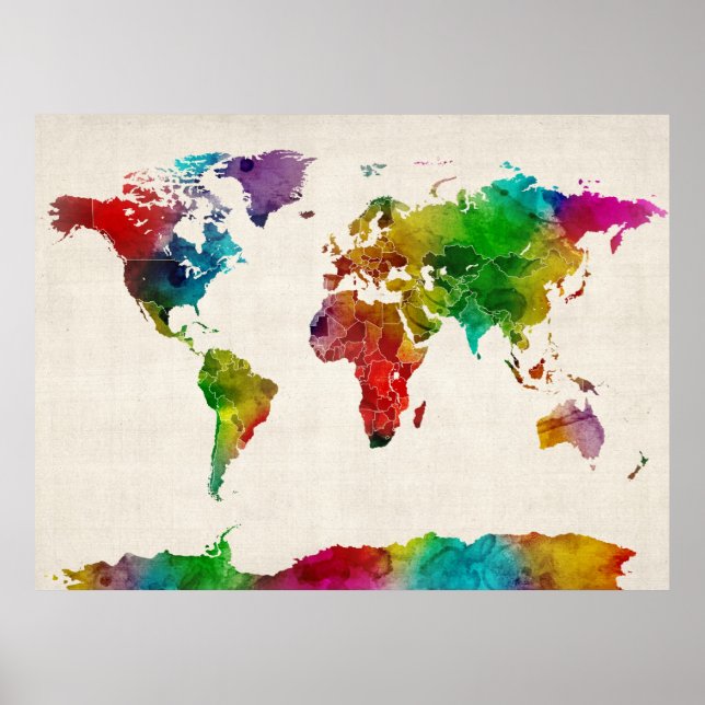 Pôster Mapa de Aquarelas do Mapa Mundial (Frente)
