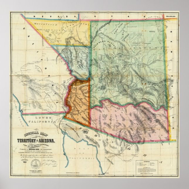 Pôster Mapa de Arizonas da Vintage (1865) (Frente)