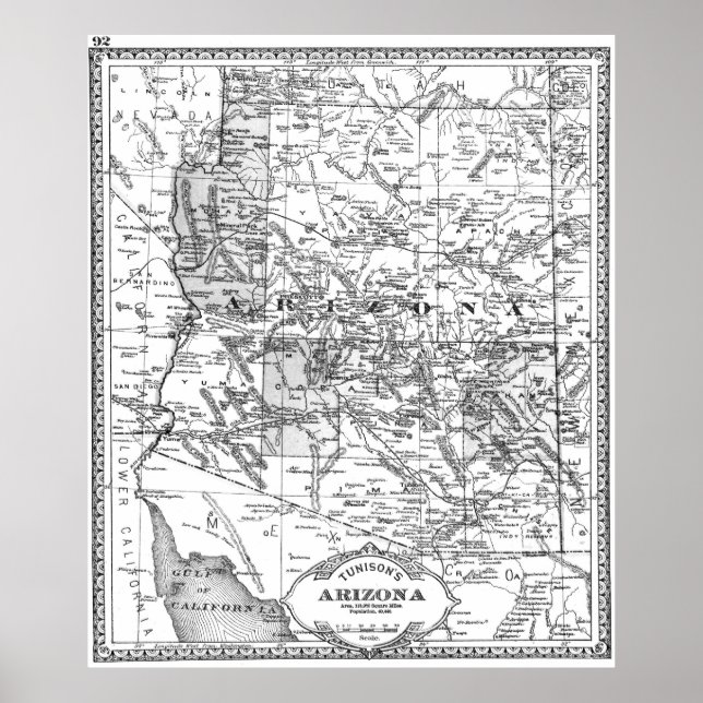 Pôster Mapa de Arizonas da Vintage (1881) BW (Frente)
