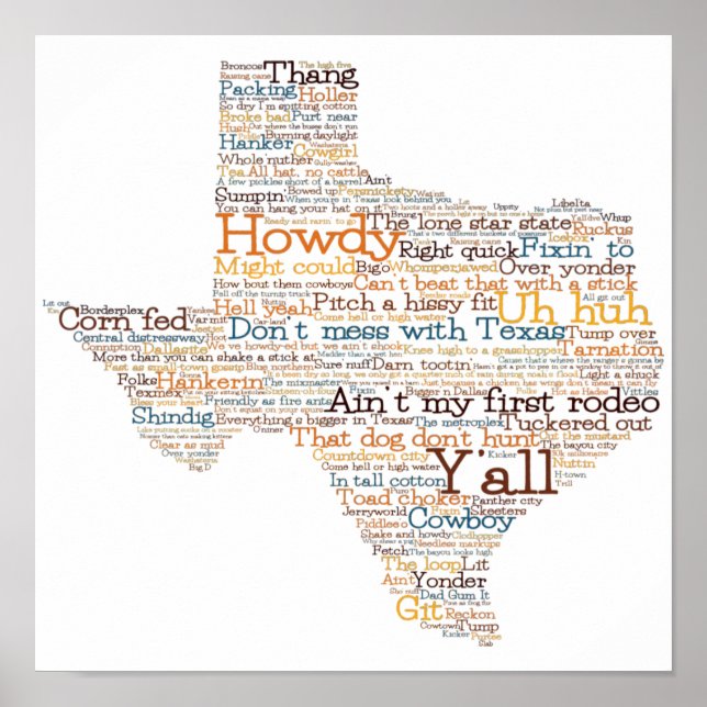 Poster Mapa de Artes do Word para Slang do Texas USA (Frente)