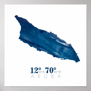 Pôster Mapa de Aruba Aquarela Azul Coordenadas