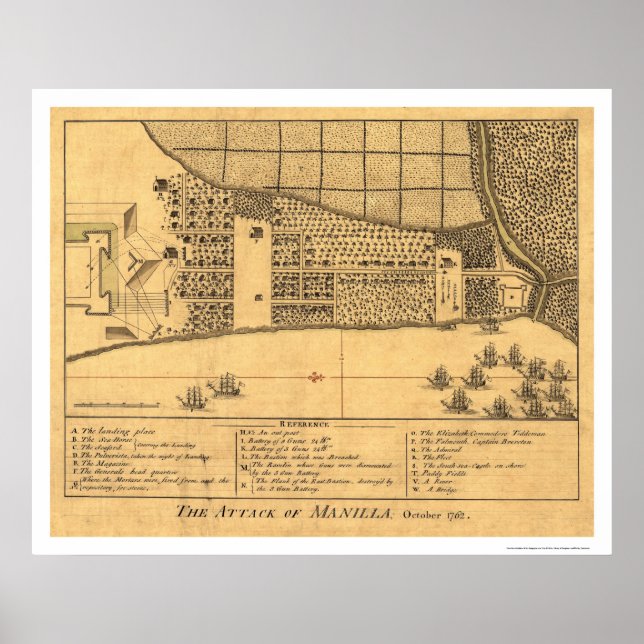 Pôster Mapa de Ataques de Manila nas Filipinas 1762 (Frente)