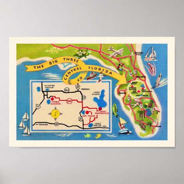 Poster Mapa de Atrações Antigas da Flórida Impresso (Frente)