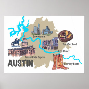 Pôster Mapa de Austin Texas