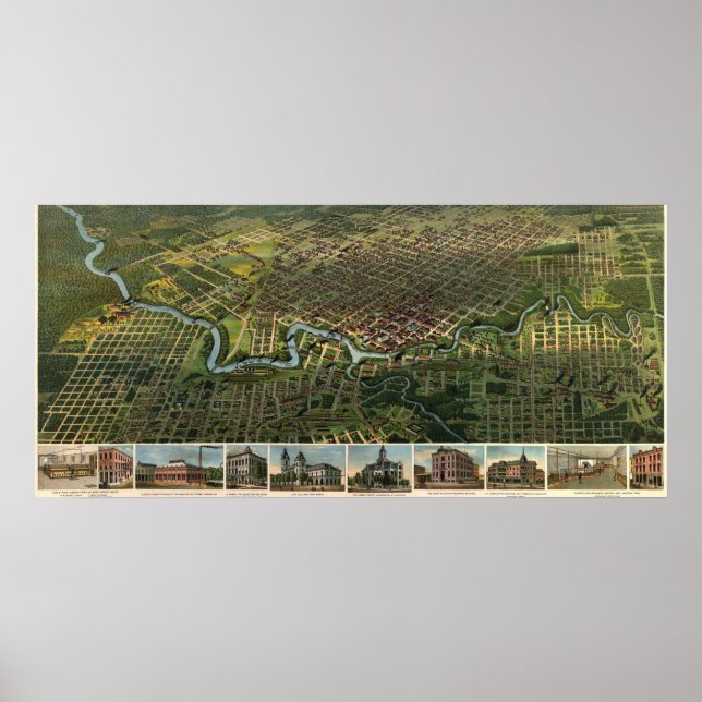 Pôster Mapa de aves de Houston, Texas (1891) (Frente)