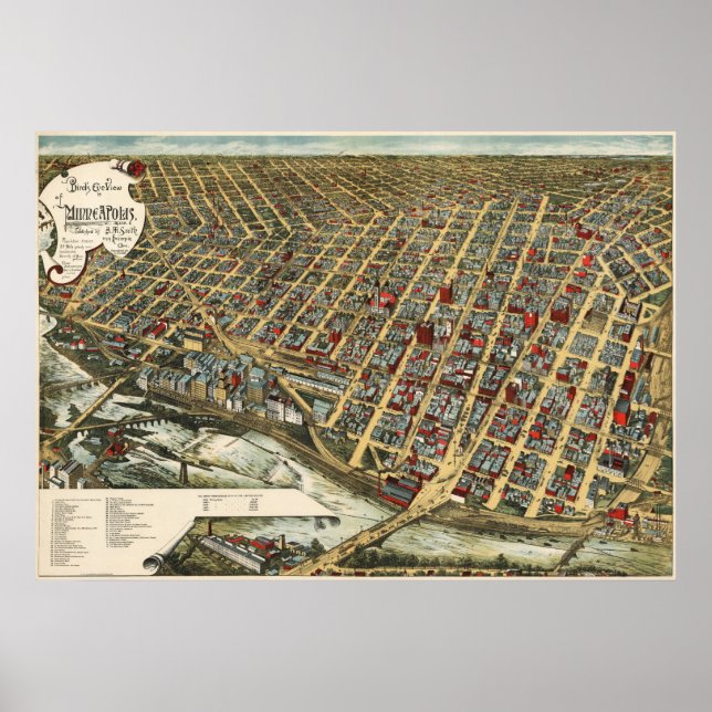 Pôster Mapa de aves de Minneapolis - 1891 (Smith) BigMapB (Frente)