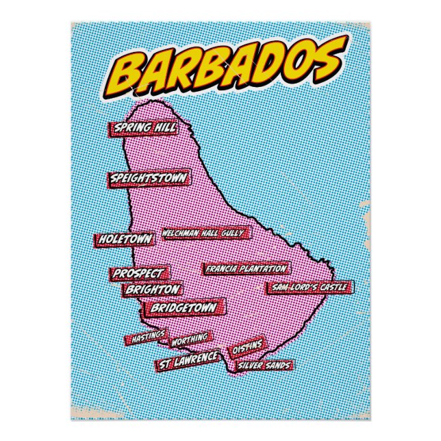Pôster Mapa de Barbados Ilustrado de pop Art (Frente)