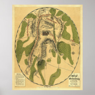 Pôster Mapa de batalha 1863 de Gettysburg - guerra civil