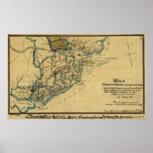 Poster Mapa de batalha do porto de Charleston do vintage