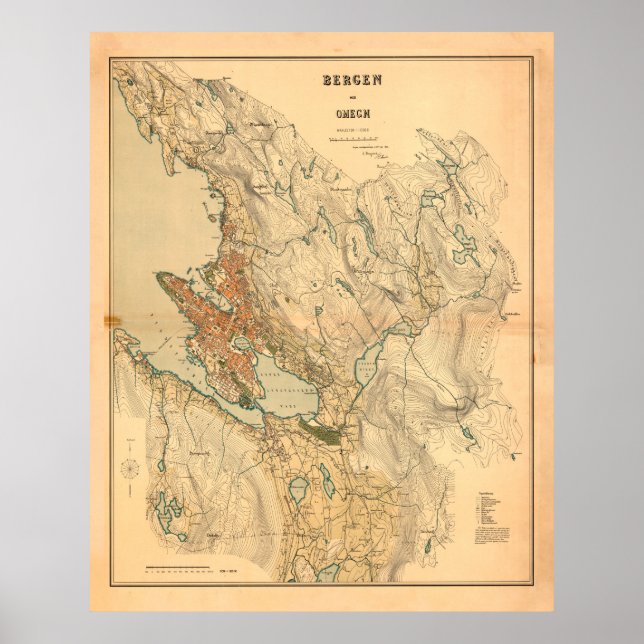 Poster Mapa de Bergen na Noruega (1907) (Frente)