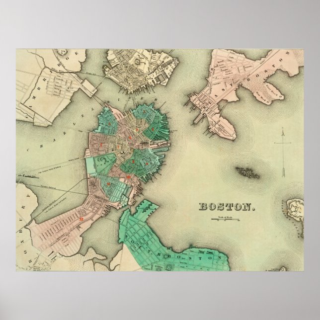 Poster Mapa de Boston - 1838 (Frente)