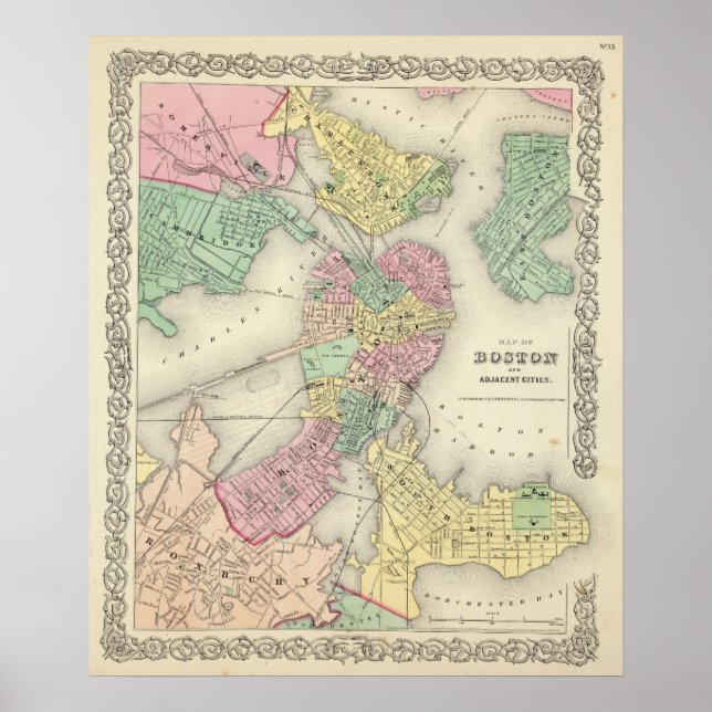 Pôster Mapa De Boston E Cidades Adjacentes (Frente)