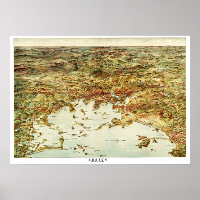 Poster Mapa de Boston e cidades circundantes em 1905 (Frente)
