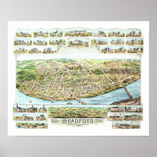 Poster Mapa de Bradford Massachusetts em 1892 (Frente)