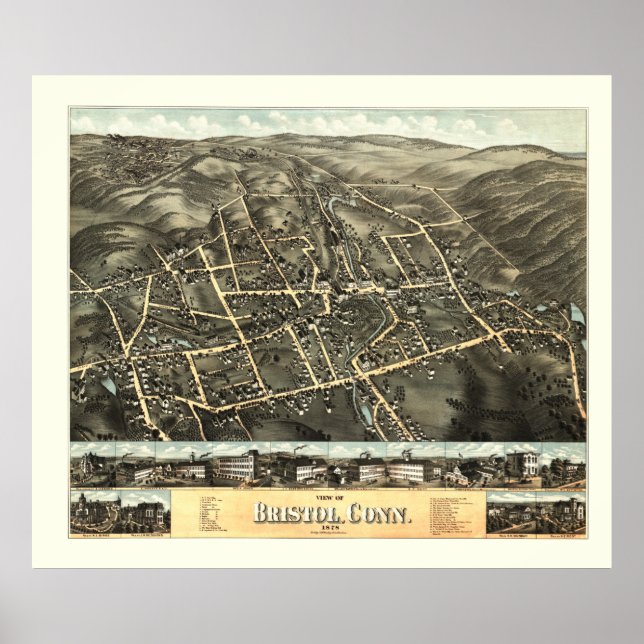 Pôster Mapa de Bristol, Connecticut, de 1878 (Frente)