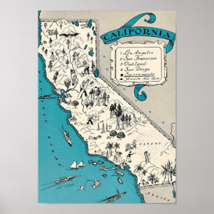Pôster Mapa de Califórnia do vintage