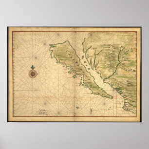 Pôster Mapa de Califórnia dos 1650's do vintage -