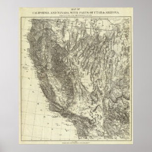 Pôster Mapa de Califórnia e de Nevada
