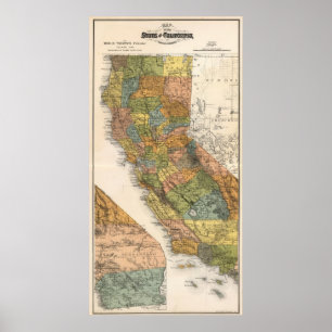 Pôster Mapa de Califórnia que mostra distritos e estrada