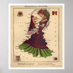 Poster Mapa de Caricatura Holanda e Bélgica 1868