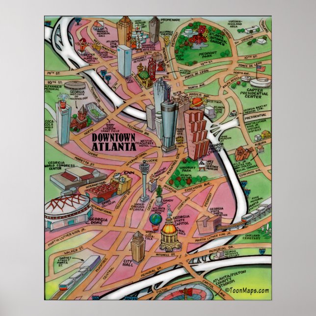 Pôster Mapa de Cartoons da Geórgia do centro Atlanta (Frente)