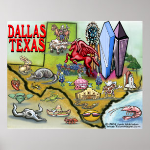 Pôster Mapa de Cartoons Dallas TEXAS