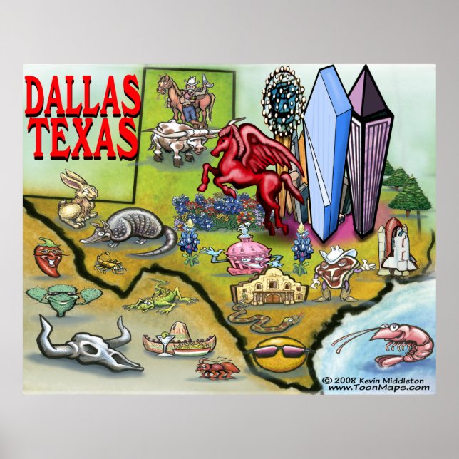 Pôster Mapa de Cartoons Dallas TEXAS (Frente)