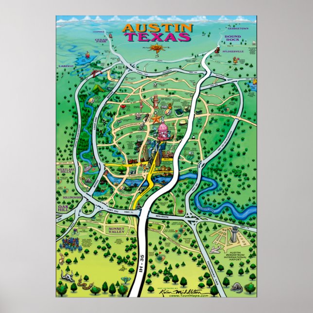 Poster Mapa de Cartoons de Austin Texas (Frente)