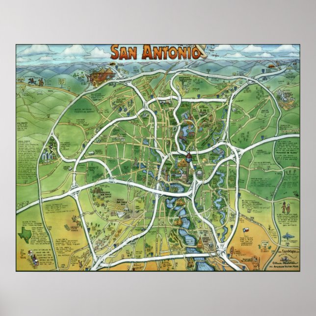 Poster Mapa de Cartoons de San Antonio Texas (Frente)