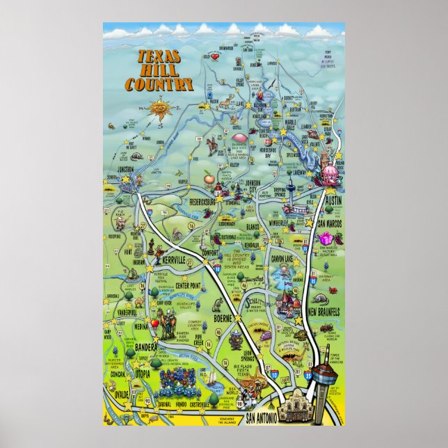 Pôster Mapa de Cartoons do Texas Hill Country (Frente)