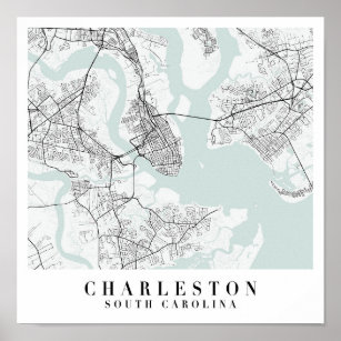 Poster Mapa de Charleston South Carolina Blue Water Stree