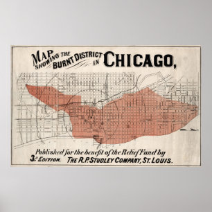 Poster Mapa de Chicago de 1871 após o incêndio ser restau