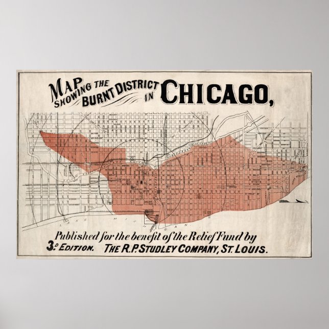 Poster Mapa de Chicago de 1871 após o incêndio ser restau (Frente)