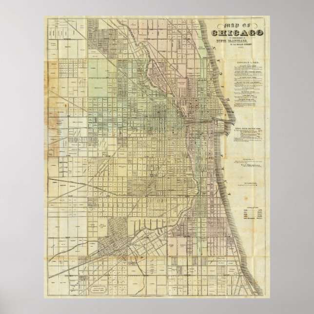 Poster Mapa de Chicago Illinois em 1857 (Frente)