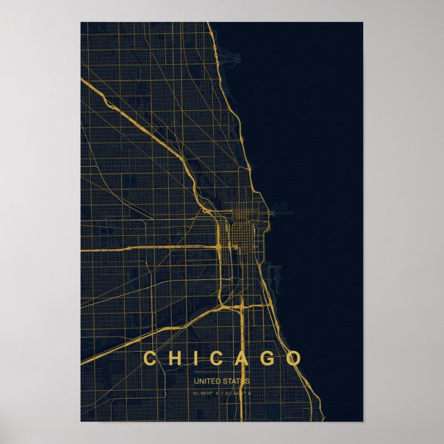 Poster Mapa de Chicago Illinois Estilizado | Arte Moderna (Frente)