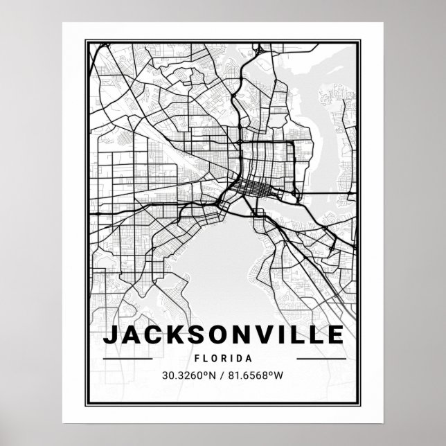 Poster Mapa de Cidade Viagem da Jacksonville Florida USA (Frente)