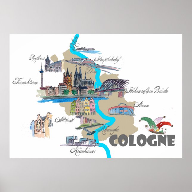 Poster Mapa de Colônia com destaque turístico (Frente)