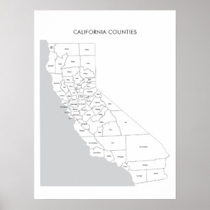 Poster Mapa de condados da Califórnia com nomes de conda