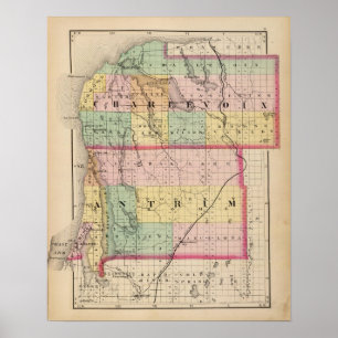 Pôster Mapa de condados de Charlevoix e de Antrim,
