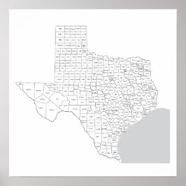 Poster Mapa de condados do Texas com nomes de condados