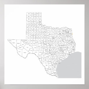 Poster Mapa de condados do Texas com nomes de condados