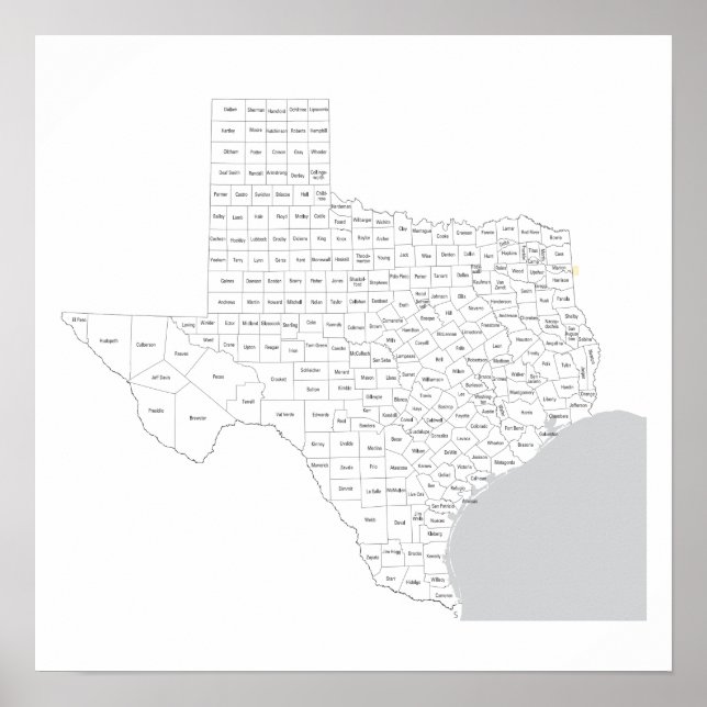 Poster Mapa de condados do Texas com nomes de condados (Frente)