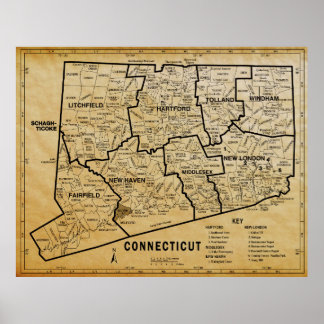 POSTER MAPA DE CONECTICUTO DE PARCHMENTO AGIDO