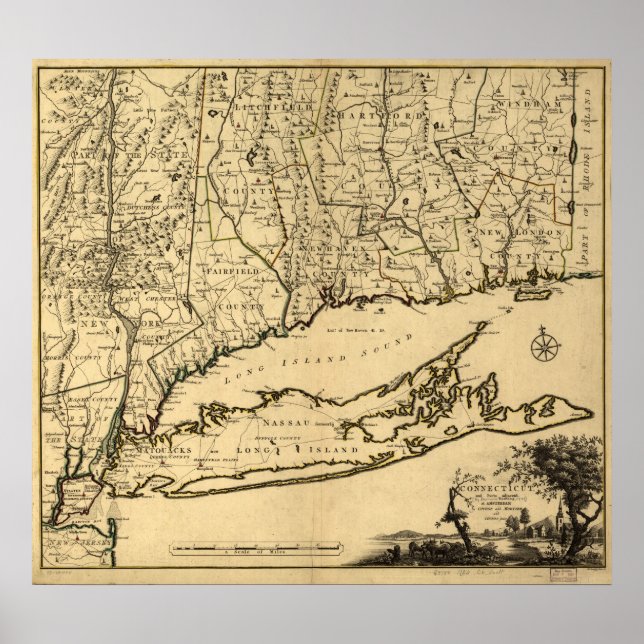 Poster Mapa de Connecticut e Long Island 1780, NY (Frente)