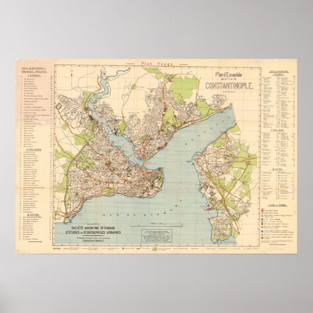 Poster Mapa de Constantinopla de 1922 - Istambul, Turquia (Frente)