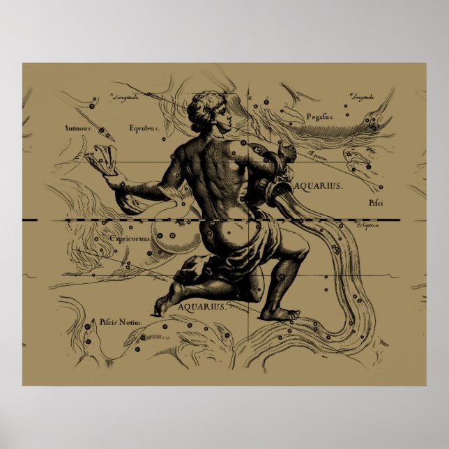 Pôster Mapa de Constelação de Aquário Hevelius 1690 em Ta (Frente)