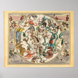 Poster Mapa de Constelação do Zodiac Star Vintage Celes