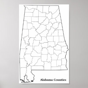 Pôster Mapa de Contornos do Vazio dos condados do Alabama