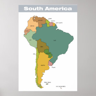 Pôster Mapa de cor completa de Ámérica do Sul